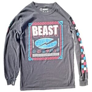 Mr Beast Black Long Sleeve Graphic Logo Checkered Symbols Men's T-Shirt Size S